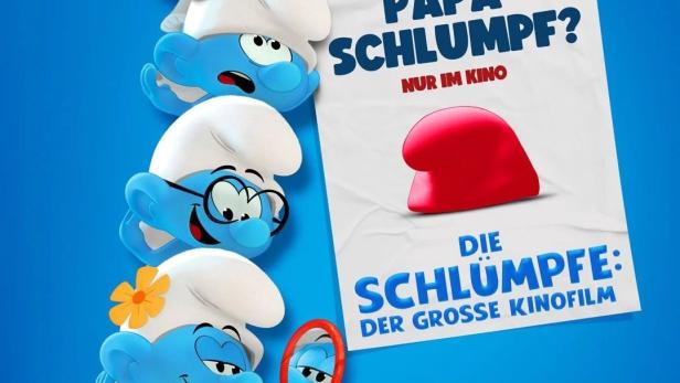 Das Filmplakat für „Die Schlümpfe: Der große Kinofilm“ zeigt die Schlümpfe und die Frage „Wo ist Papa Schlumpf?“.