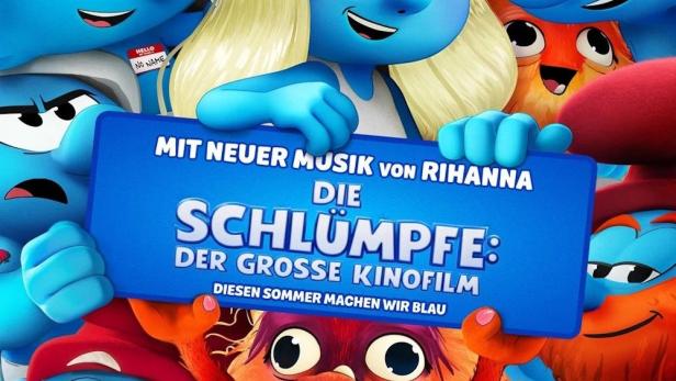 Das Filmplakat für „Die Schlümpfe: Der große Kinofilm“ mit Rihanna-Musik.