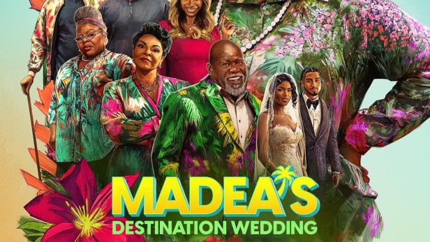 Das Filmplakat für „Madea's Destination Wedding“ zeigt Madea und andere Charaktere vor einer Hochzeitsszene.