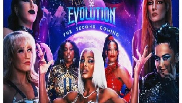 Ein Werbeplakat für „Evolution: The Second Coming“ mit mehreren Wrestlerinnen vor einem blauen Hintergrund.