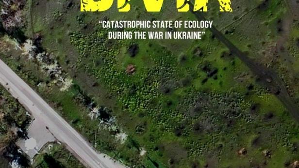 Das Filmplakat für „DIVIA“ zeigt eine Luftaufnahme einer von Krieg gezeichneten ukrainischen Landschaft.