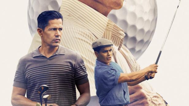 Das Filmplakat für „Spiel der Könige“ zeigt drei Golfspieler unterschiedlichen Alters.