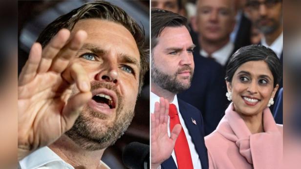 Ein Mann gestikuliert, während J.D. Vance mit erhobener Hand zu sehen ist, neben einer Frau in einem rosa Mantel.