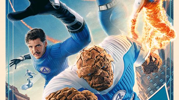 Das Filmplakat für „The Fantastic Four“ zeigt die vier Superhelden in ihren Kostümen.