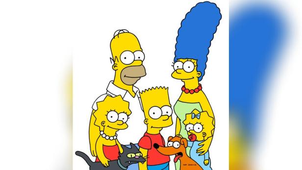 Die Simpsons, eine gelbe Zeichentrickfamilie, posieren zusammen mit Katze und Hund.