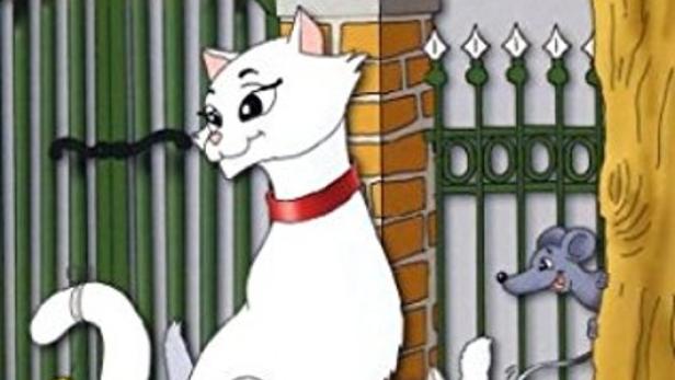 Cover des Zeichentrickfilms „Artige Katzen“ mit einer weißen Katze und ihren Kätzchen.