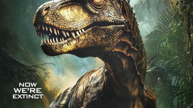 Ein Dinosaurier auf dem Filmplakat von „Jurassic Reborn“.