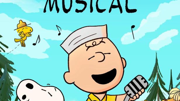 Das Poster für „Snoopy präsentiert: Ein Sommermusical“ zeigt Charlie Brown am Mikrofon, Snoopy mit Gitarre und Woodstock.