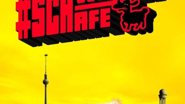 Das Filmplakat für „#Schwarze Schafe“ zeigt Schauspieler, Titel und einen Mann auf einem Fahrradtaxi vor Berliner Wahrzeichen.