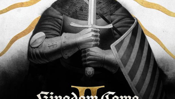 Ein Ritter in Rüstung hält ein Schwert vor dem Hintergrund des Logos von „Kingdom Come: Deliverance II“.