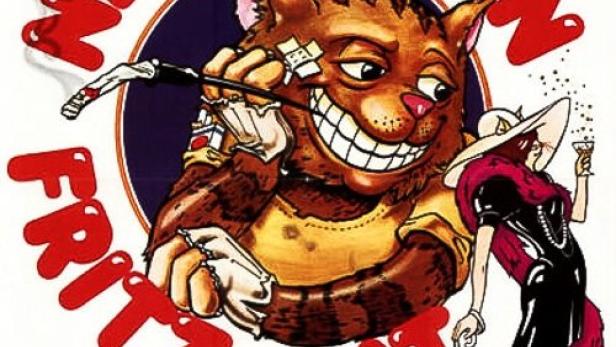 Das Filmplakat für „Die neun Leben von Fritz the Cat“ zeigt eine anthropomorphe Katze mit Zigarre und eine Frau mit Cocktail.