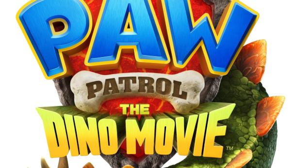 Das Logo für „Paw Patrol: The Dino Movie“ mit einem Dinosaurierschwanz.