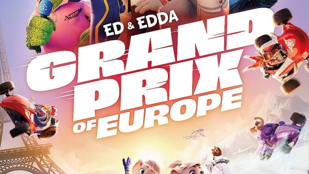 Das Filmplakat für „Ed & Edda – Grand Prix of Europe“ zeigt animierte Tiere in Rennwagen vor dem Eiffelturm.