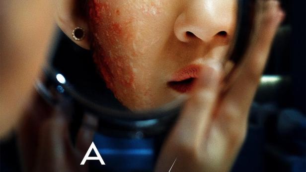 Das Filmplakat für „A Normal Woman“ zeigt eine Frau mit Verletzungen im Spiegel.