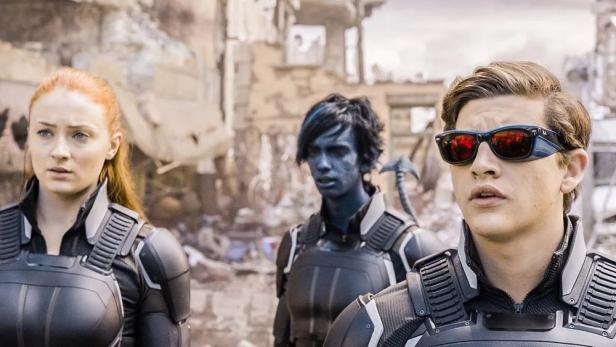 Die Charaktere Jean Grey, Nightcrawler und Cyclops aus dem Film „X-Men: Apocalypse“.