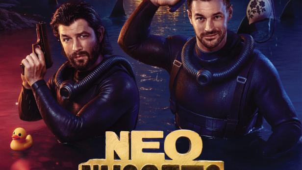 Das Filmplakat zu „Neo Nuggets“ zeigt zwei Taucher in einem See voller Haie.