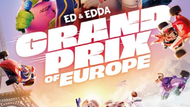 Das Filmplakat für „Ed & Edda – Grand Prix of Europe“ zeigt animierte Tiere in Rennwagen vor dem Eiffelturm.
