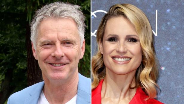 Jörg Pilawa und Michelle Hunziker posieren für eine Guinness-Show.