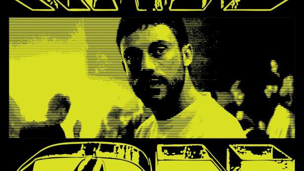 Gelbe Grafik mit dem Text „Rave On“ und einem stilisierten Porträt eines Mannes.