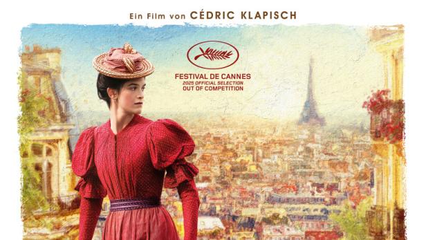 Das Filmplakat für „Die Farben der Zeit“ zeigt eine Frau vor einer Pariser Stadtansicht und Schauspieler im unteren Bereich.