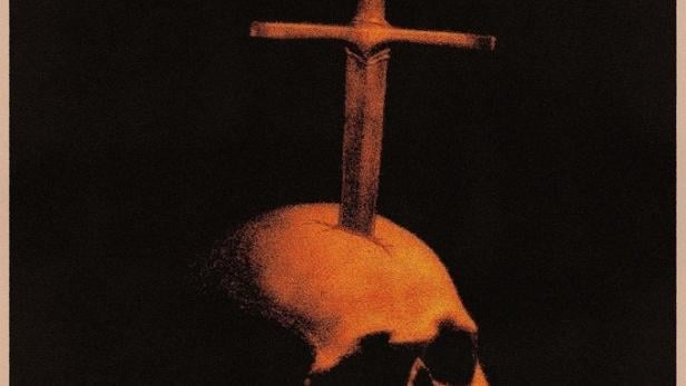 Das Filmplakat für „Deathstalker“ zeigt einen Schädel mit einem Schwert darin.