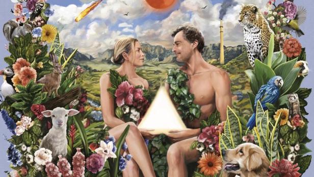 Das Filmplakat für „Amour Apocalypse“ zeigt ein Paar im Garten Eden, umgeben von Tieren und Pflanzen.