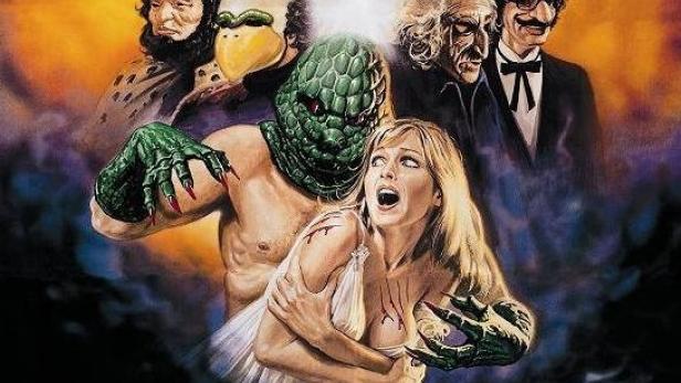 Das Filmplakat für „Monster im Nachtexpress“ zeigt eine Frau in den Fängen eines Monsters in einem Zug.