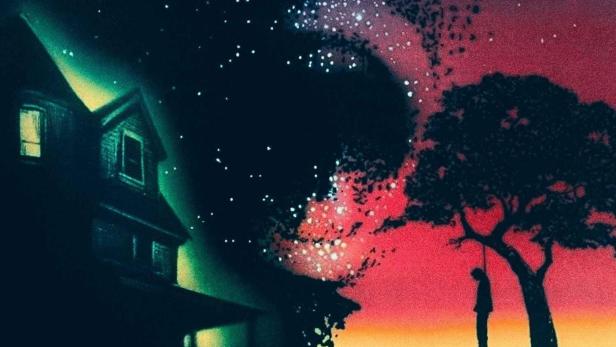 Das Filmplakat für „Amityville V: Der Fluch“ zeigt ein unheimliches Haus und einen erhängten Mann an einem Baum.