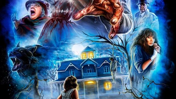Das Filmplakat für „Amityville V: Der Fluch“ zeigt eine unheimliche Szene vor einem Spukhaus.