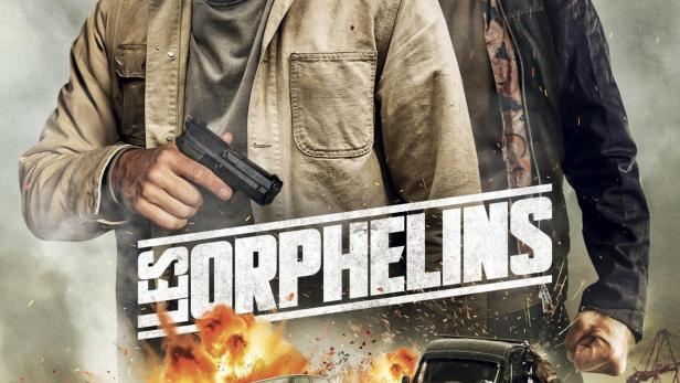 Das Filmplakat für „Sorphélins“ zeigt zwei Männer vor einer Explosion und Autoverfolgungsjagd.