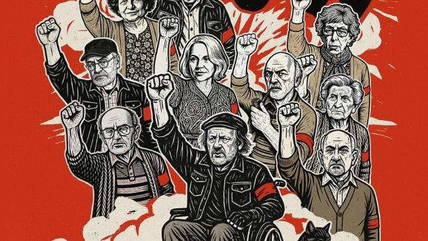 Das Filmplakat für „Paviljon“ zeigt eine Gruppe von Menschen mit erhobenen Fäusten und einen Mann im Rollstuhl.