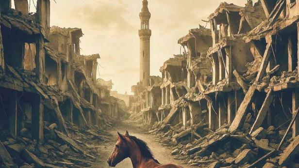 Ein Pferd steht inmitten einer zerstörten Stadt, im Hintergrund ein Minarett. Das Filmplakat trägt den Titel „Tales of the Wounded Land“.