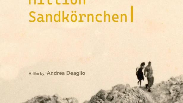 Filmplakat für „Eine Million Sandkörnchen“ mit zwei Personen auf einem Hügel.