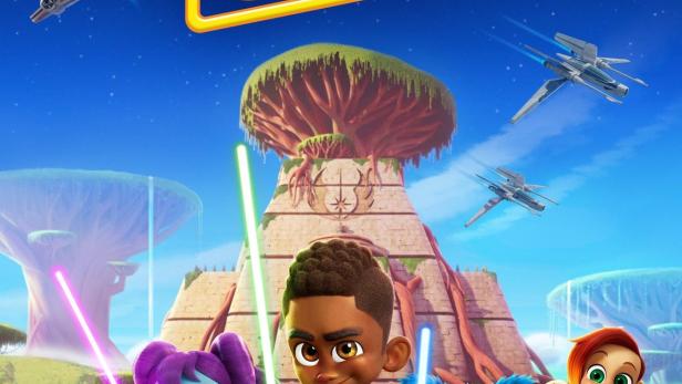 Das Poster für „Star Wars: Die Abenteuer der jungen Jedi“ zeigt die Hauptfiguren mit Lichtschwertern.