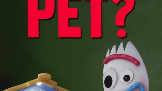 Das Titelbild von „Forky Asks a Question: Was ist ein Haustier?“ mit Forky und einem „Pet Patrol“-Spielset.