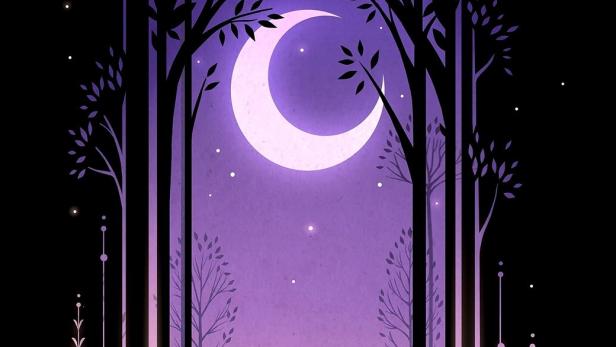 Das Cover von „Die Eiskönigin: Der Mythos der Geister“ zeigt einen Wald bei Nacht mit einem Halbmond.