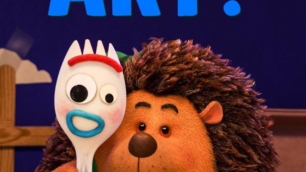 Das Titelbild von „Forky Asks a Question: What Is Art?“ mit Forky und einem Igel.