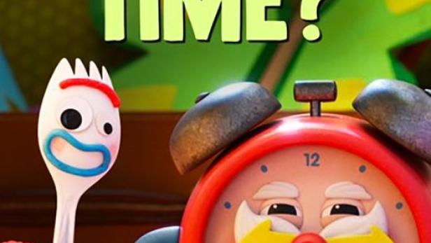 Das Filmplakat zu „Forky Asks a Question: What Is Time?“ mit Forky und einer animierten Uhr.