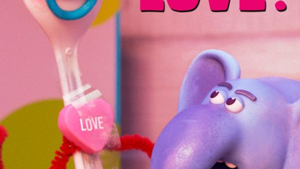 Das Filmplakat zu „Forky Asks a Question: What Is Love?“ mit Forky und einem lila Elefanten.
