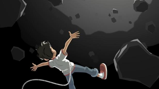 Ein Junge schwebt an einer Leine im Weltraum, im Hintergrund ein Asteroidenfeld.