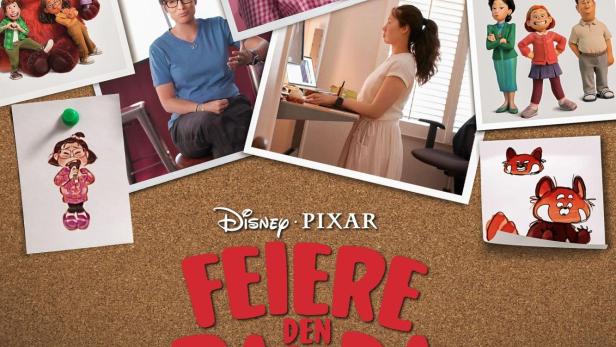 Ein Werbeplakat für „Feiere den Panda: Das Making-Of von Rot“ von Disney Pixar mit Fotos der Macher.