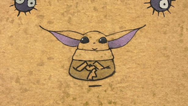 Eine Zeichnung von Grogu und Rußmännchen auf beigem Hintergrund.