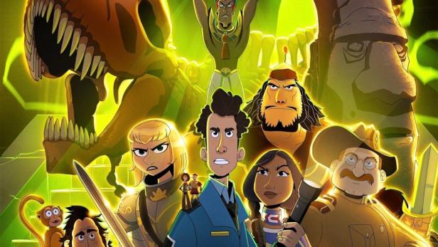 Das animierte Filmplakat für „Nachts im Museum: Kahmunrah kehrt zurück“ zeigt verschiedene Charaktere vor grünem Hintergrund.