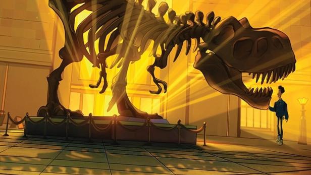 Ein Dinosaurierskelett steht im hell erleuchteten Museum, wie im Film „Nachts im Museum: Kahmunrah kehrt zurück“.
