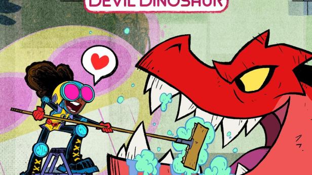 Moon Girl putzt mit einer Bürste die Zähne von Devil Dinosaur.