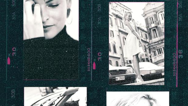 Eine Collage mit Schwarz-Weiß-Porträts von Frauen im Stil der 90er Jahre, inspiriert von „In Vogue“.