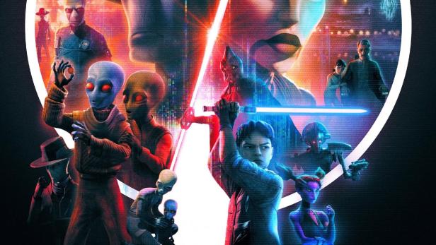 Das Poster für „Star Wars: Geschichten der Unterwelt“ zeigt verschiedene Charaktere und Lichtschwerter.