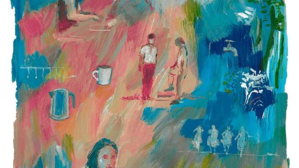 Ein Gemälde mit verschiedenen Szenen, darunter Menschen, Berge und der Schriftzug „Virar Mar“.