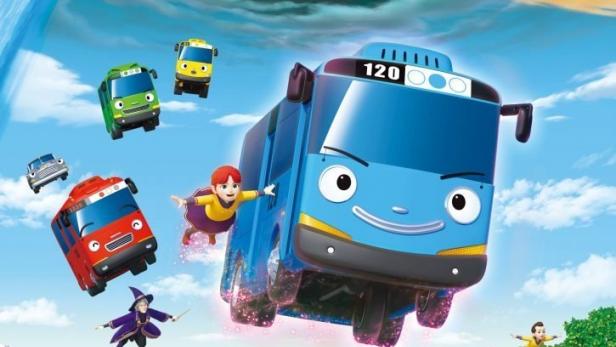 Ein animiertes Poster für „Magic Bus Tayo“ mit fliegenden Bussen und Autos vor einer Fantasielandschaft.