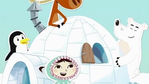 Ein Cartoon-Mädchen steht vor einem Iglu, umgeben von einem Pinguin, einem Elch und einem Eisbären.